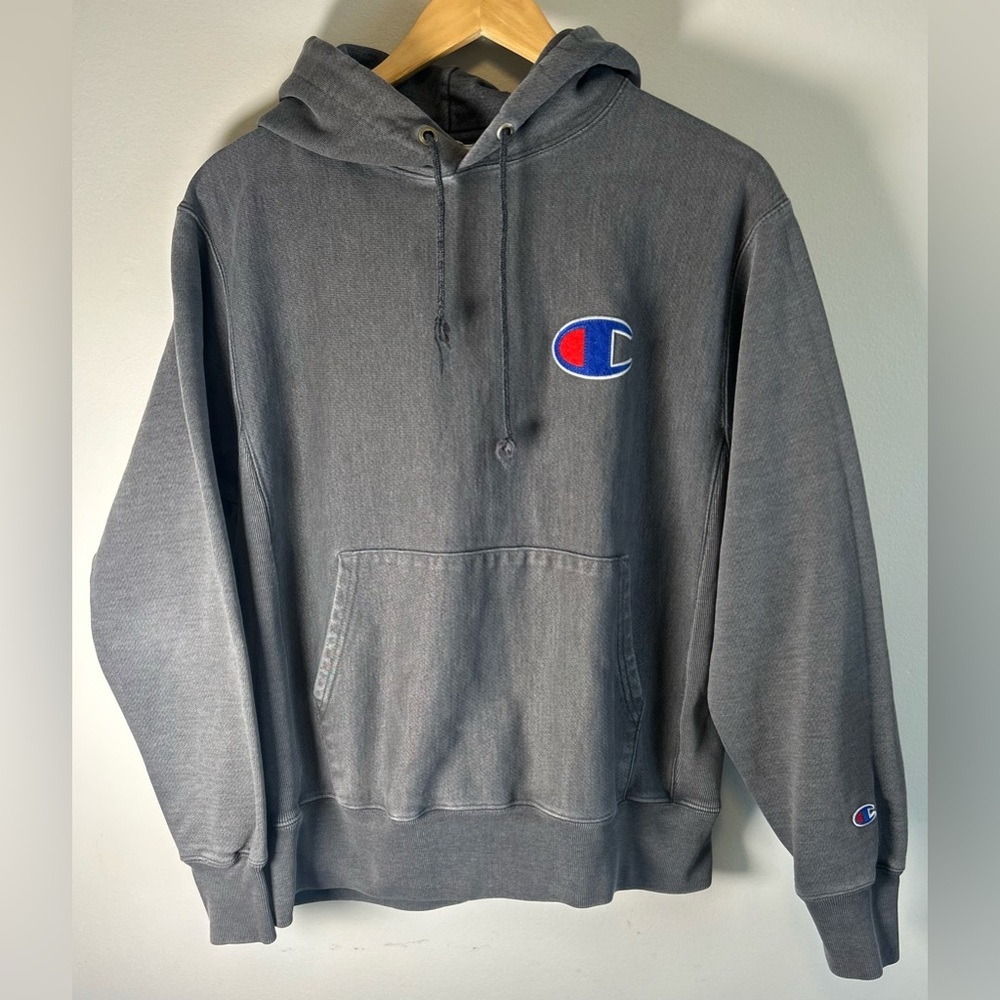 Vintage Champion Reverse Weave Mens Hoodie Dark Gray Sweatshirt Big Logo Size M